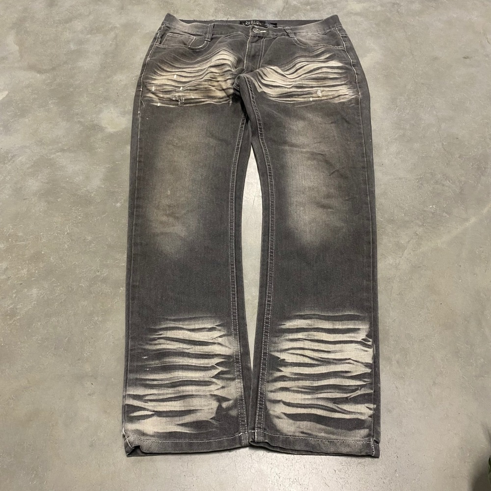 Black Lacquer Mens Jeans 36 Faded Gray Distressed Whiskered Straight Leg Denim